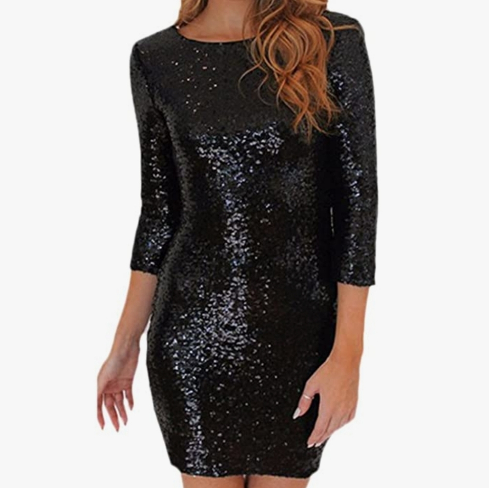 AQUA BLACK SEQUINED BODY CON DRESS.